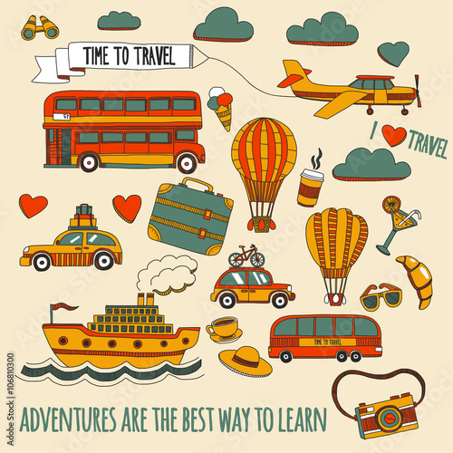 Doodle set of images Time to travel