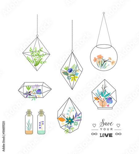 Beautiful terrariums with flowers. Wedding, marriage, bridal