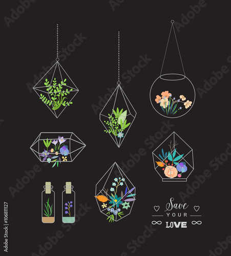Beautiful terrariums with flowers. Wedding, marriage, bridal