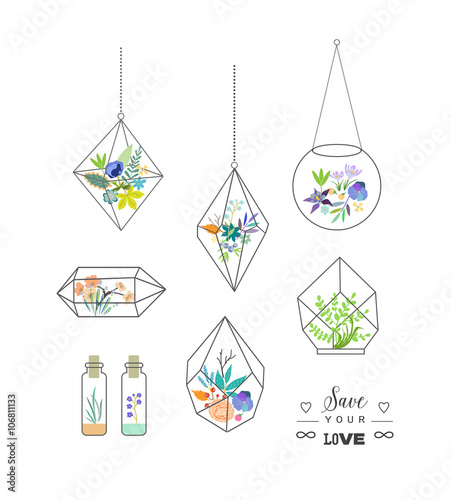 Beautiful terrariums with flowers. Wedding, marriage, bridal