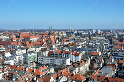 Old polish city Wroclaw. Top view Wroclaw. Panorama view Wroclaw. Red roofs and catherdals. Old Europe. 