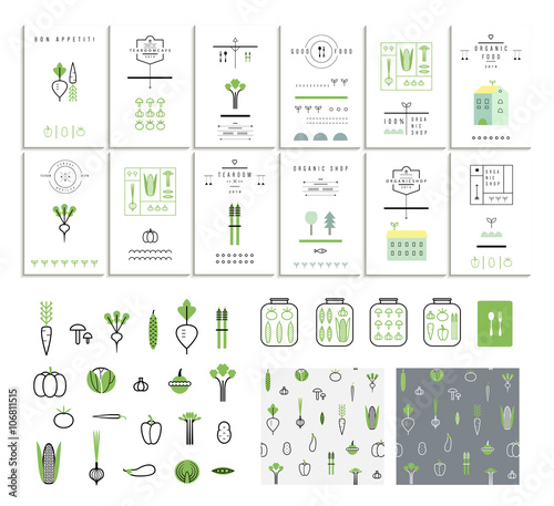 Collection of 12 eco cards. Vegetables. Icons, 2 seamless patterns