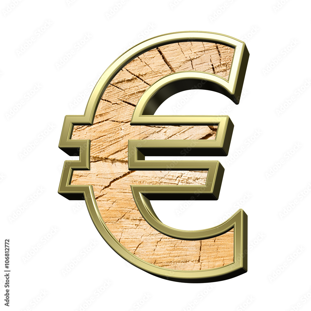 Euro Sign From Pine Wood With Gold Frame Alphabet Set Isolated Over White Computer Generated 3d Photo Rendering Stock Photo Adobe Stock