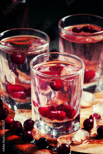 Homemade cranberry vodka, dark wooden background, selective focu