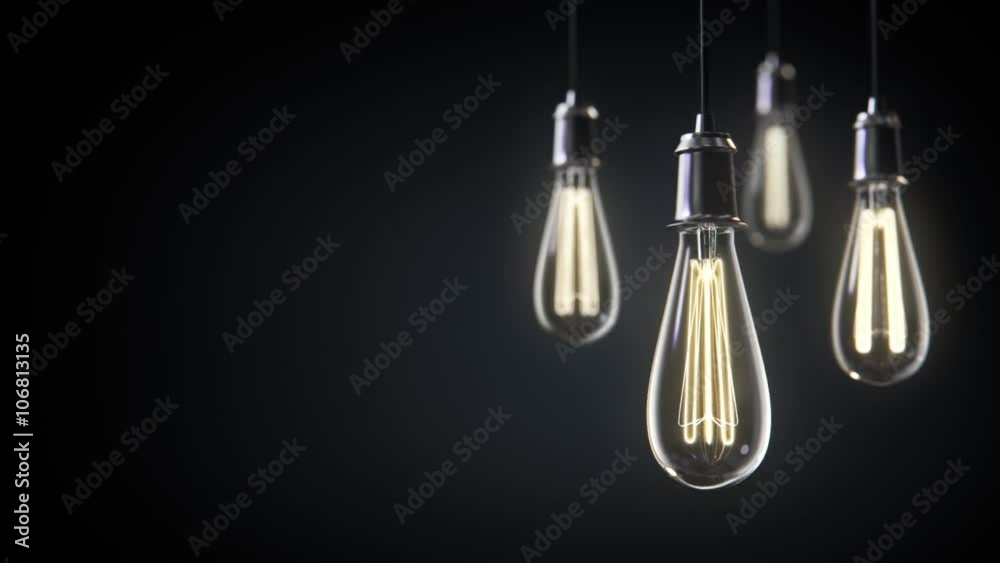 Group of vintage bulb lights 3d animation. Lights is turned on.
