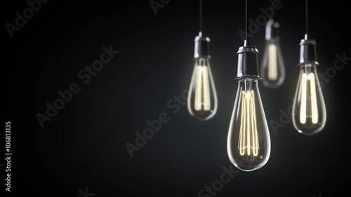 Group of vintage bulb lights 3d animation. Lights is turned on.
