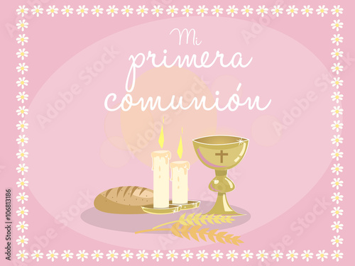 My first communion. Card invitation. Religious elements on blue