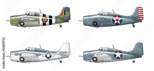 F4f Grumman wildcat . Illustration in four versions of the famous military ww2 plane photo