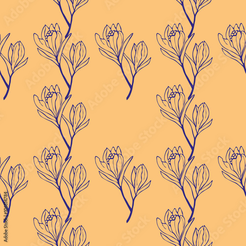 Spring flowers seamless pattern. Sketch style outline flowers. 