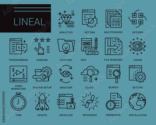 Line vector icons in a modern style. Programs and Features, windows applications, browser, pages prototyping interface, application programming.
