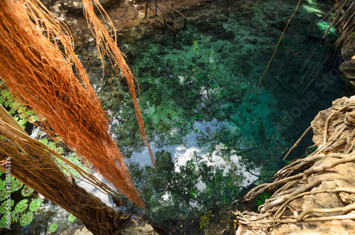 Aerial view to turquoise water lagoon in X-Batun cenote with lia photo