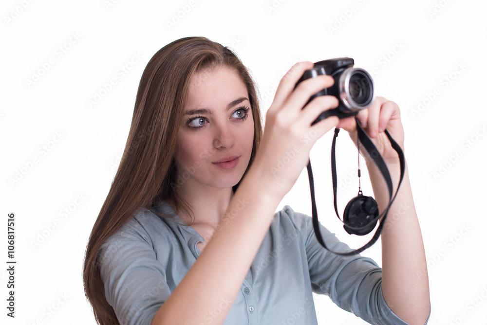 Happy young girl making photo with camera Happy young girl making photo with camera