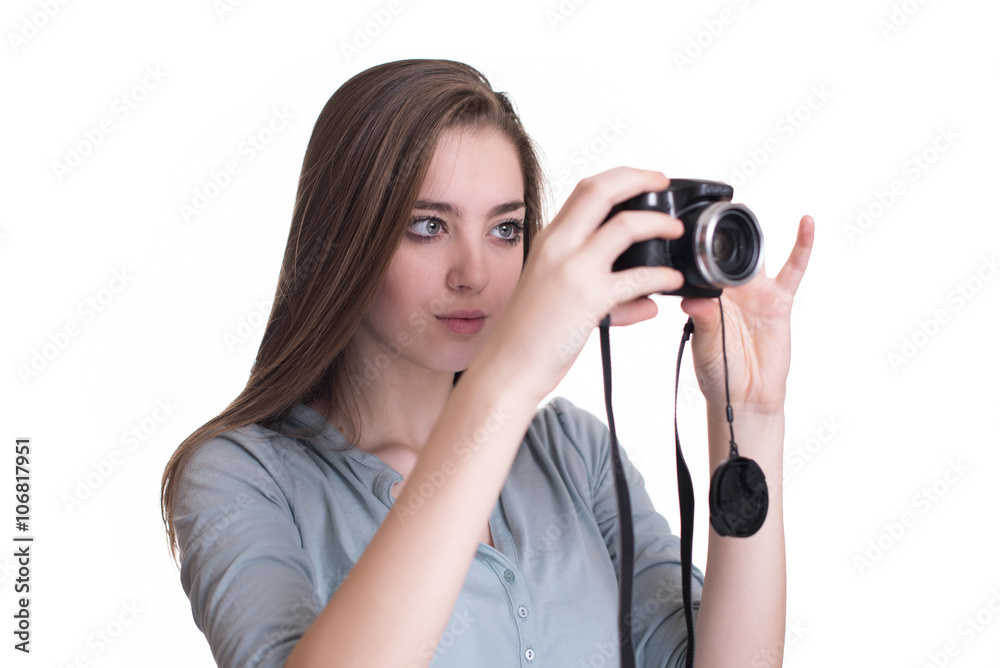 Happy young girl making photo with camera Happy young girl making photo with camera