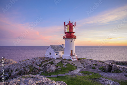 Lighthouse Lindesnes Fyr at evening on most southern point of Norway
 photo