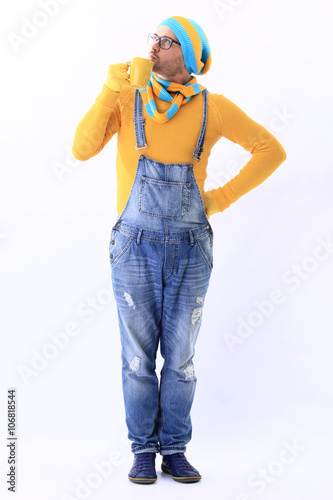 minion yellow blue scarf cup white background
