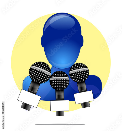 Illustration of blue person with three microphones with yellow circle background