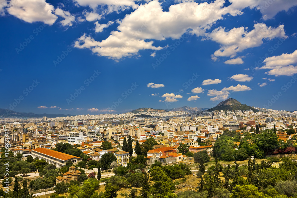 Greece. Athens. View of the Ancient Agora (seen Stoa of Attalos on left side), the modern city in the background