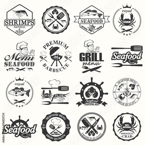 set of seafood labels and signs