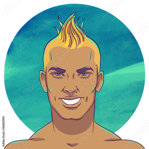 Smiling young tanned guy with a mohawk hairstyle