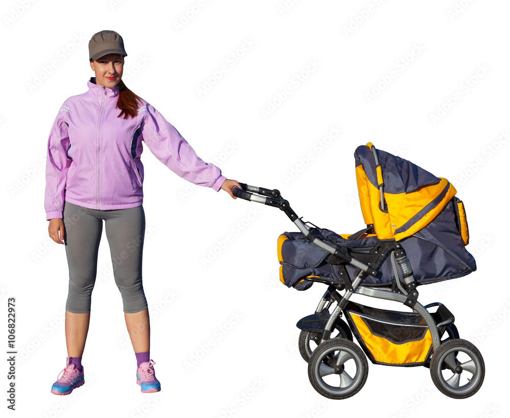 A Young mother athlete with a baby buggy A Young mother athlete with a baby buggy