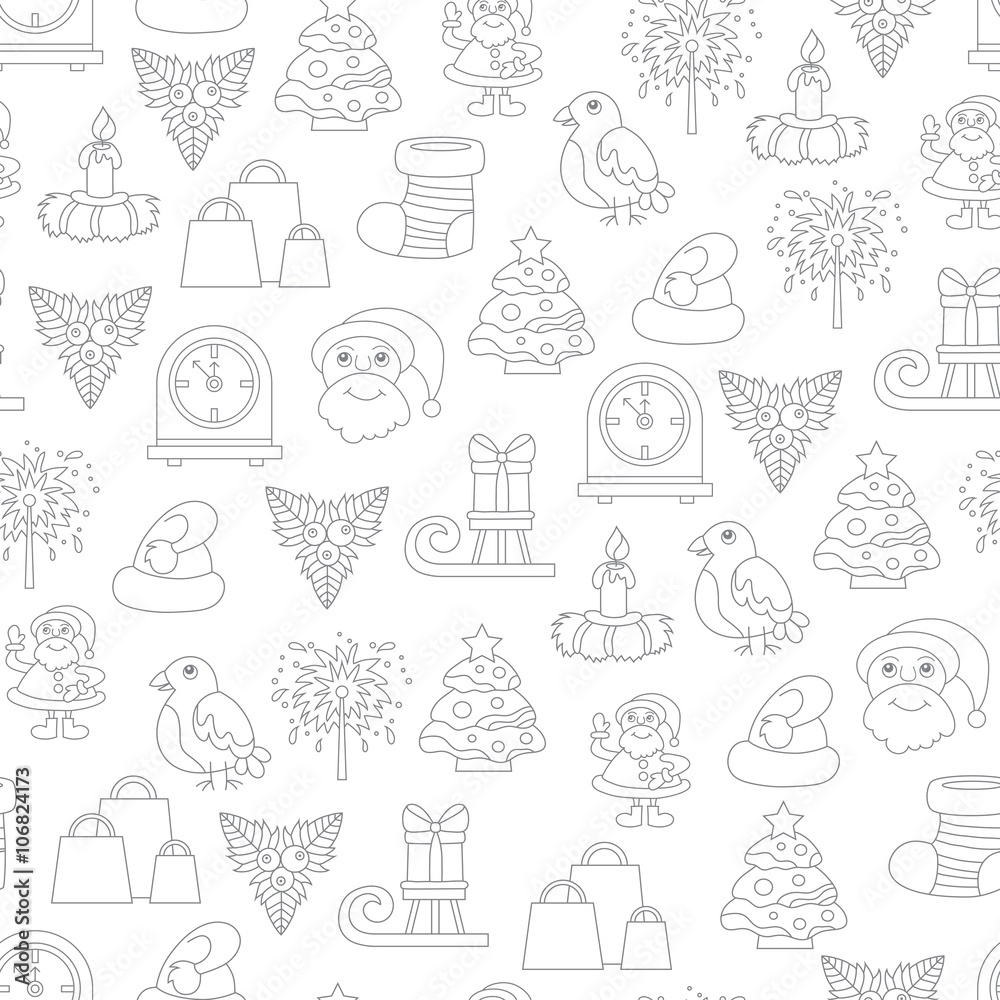 Vector seamless pattern with cartoon symbols of Happy New Year and Christmas Day on white color Vector seamless pattern with cartoon symbols of Happy New Year and Christmas Day on white color
