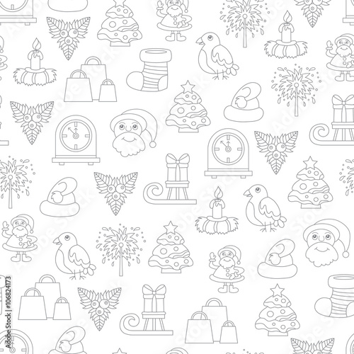 Vector seamless pattern with cartoon symbols of Happy New Year and Christmas Day on white color