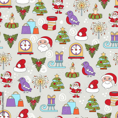 Vector seamless pattern with cartoon symbols of Happy New Year and Christmas Day