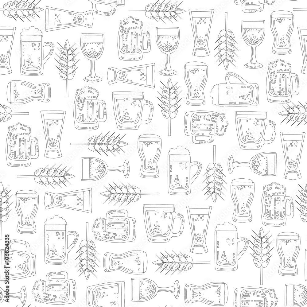 Vector seamless pattern with isolated mugs of beer on white color Vector seamless pattern with isolated mugs of beer on white color