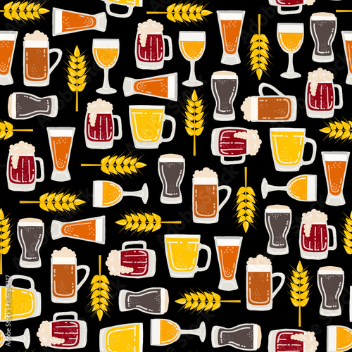 Vector seamless pattern with isolated mugs of beer on black colo