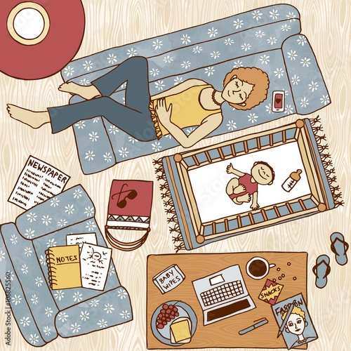 Top view illustration of a mom taking a nap on the couch with her baby sleeping next to her in the baby bed
