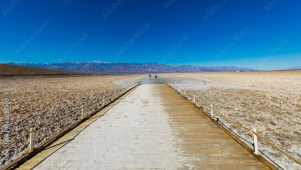 Scenic view of salt planes. The bottom of the dried-up salt sea.The bark of salt. Badwater Salt Flat, Death Valley National Park