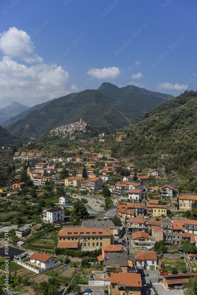 Street view of old town Badalucco in the Province of Imperia in the Italian region Liguria.