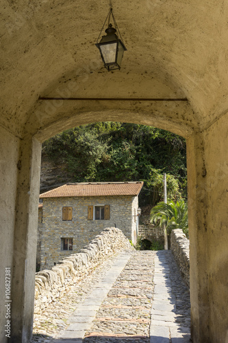 Street view of old town Badalucco in the Province of Imperia in the Italian region Liguria.