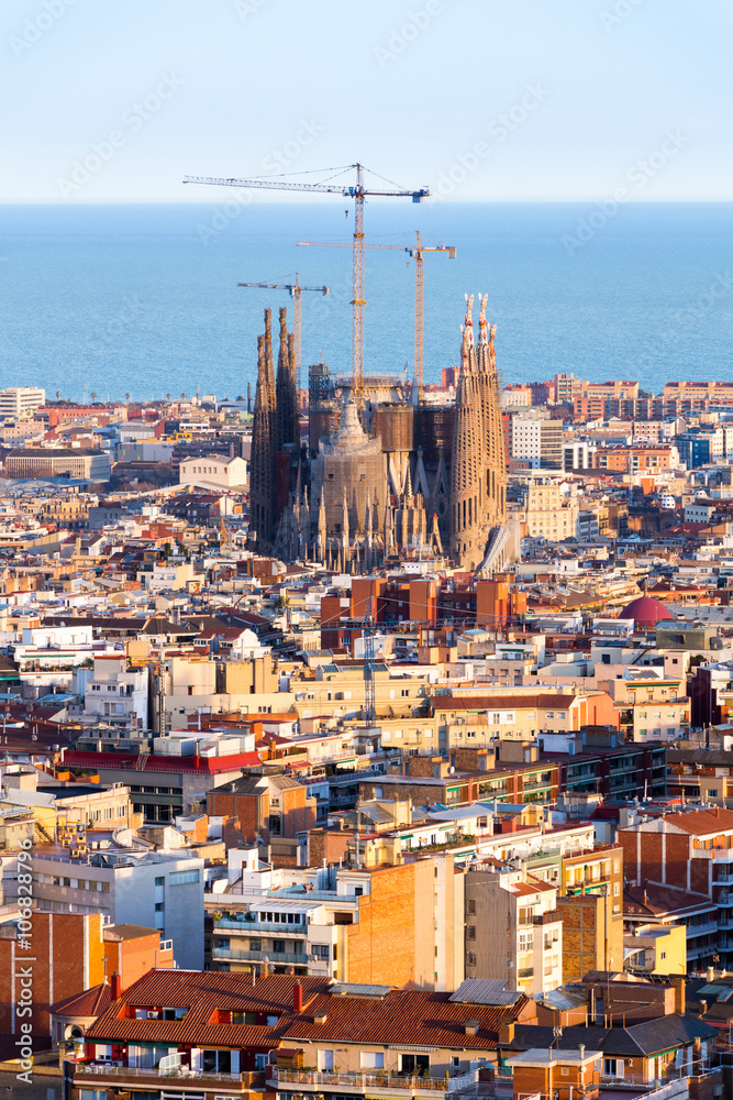 View of the construction Sagrada Familia and over the sea of houses in Barcelona. With approx. 1.6 million inhabitants, Barcelona is the capital from Catalonia
