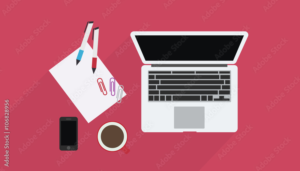 Banner in flat style with set of icons. Top view on desktop Banner in flat style with set of icons. Top view on desktop