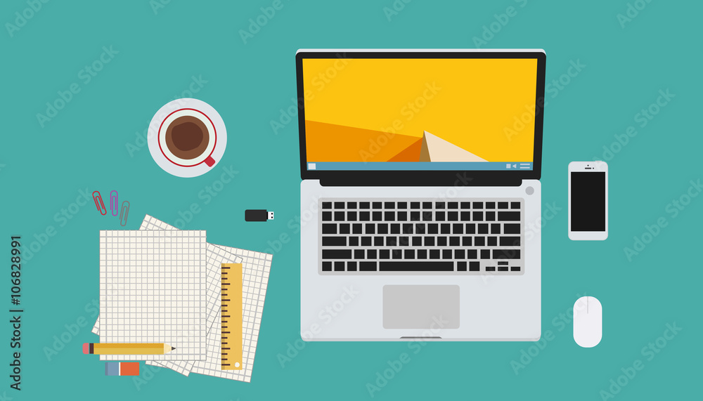 Banner in flat style with set of icons. Top view on desktop Banner in flat style with set of icons. Top view on desktop