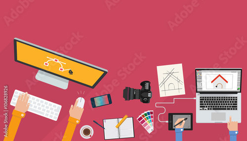 Banner in flat style with set of icons. Top view on desktop