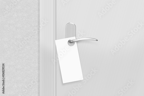 Door knob with blank flyer mock up. Empty white flier mockup hang on door handle. Leaflet design on entrance doorknob.
