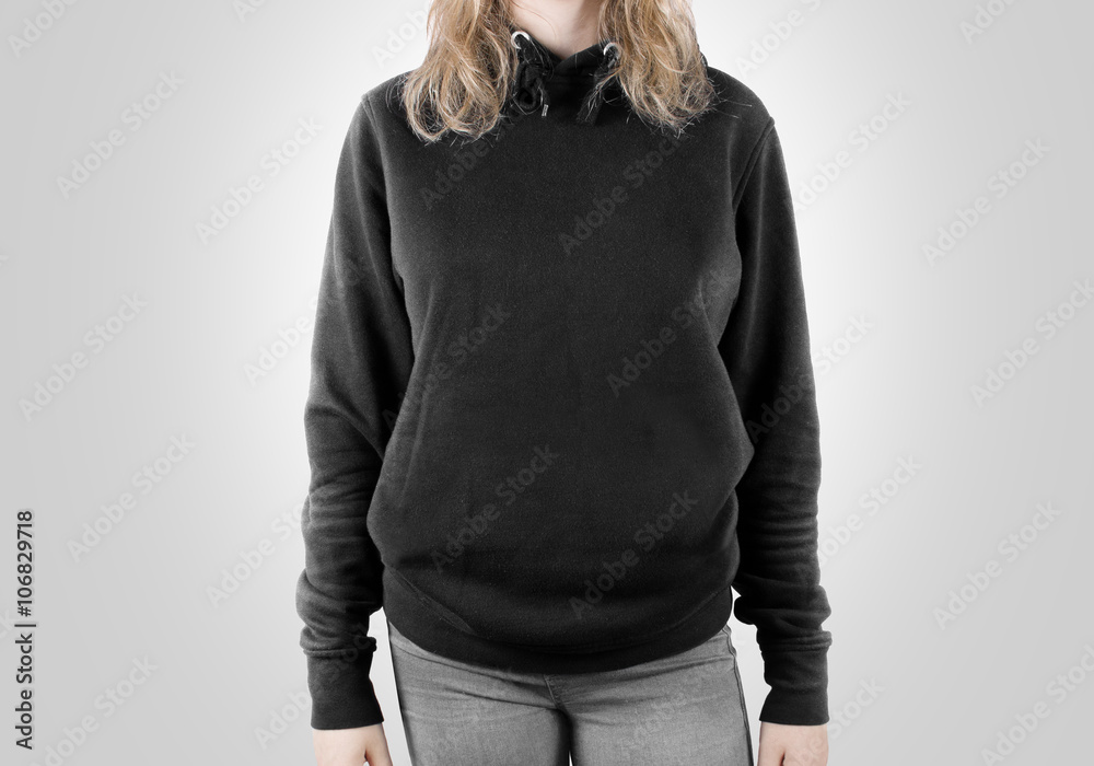 Blank black sweatshirt mock up isolated. Female wear dark hoodie mockup.  Plain hoody design presentation. Clear gray loose overall model. Pullover  for print. Man clothes grey sweat shirt template. Stock Photo