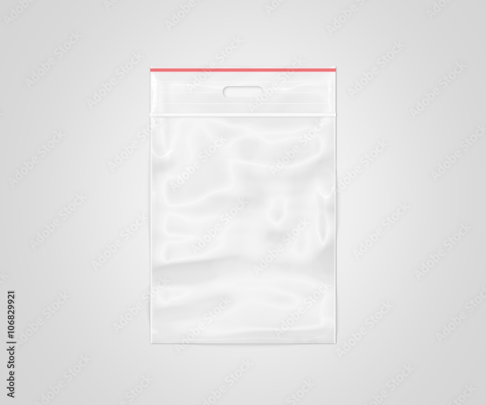 Plastic transparent zipper bag isolated, 3d illustration. Blank zip lock  packaging design. Empty polythene ziplock sealed wrap. Clear pack mock up.  Vacuum package mockup with red clip. Stock Illustration