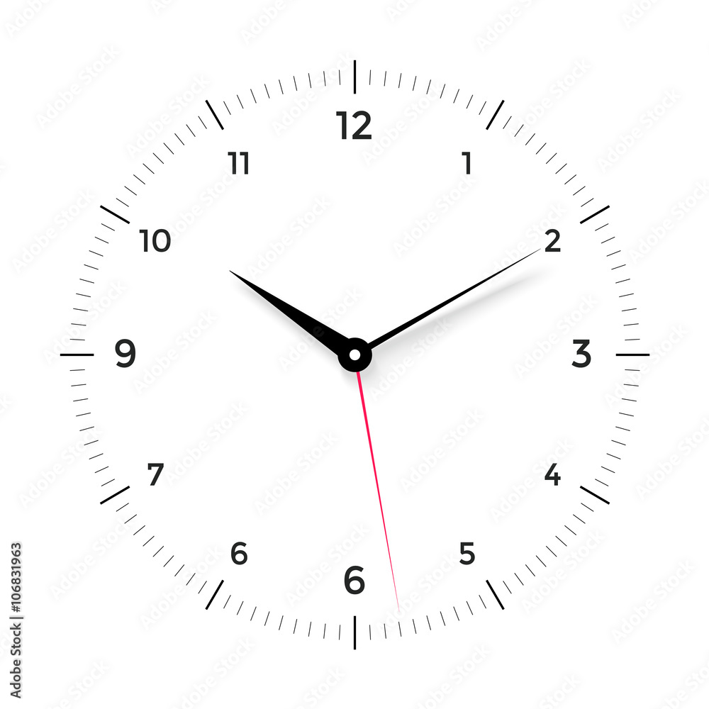 White clock face with black and red pointer on white background. Vector Illustration White clock face with black and red pointer on white background. Vector Illustration