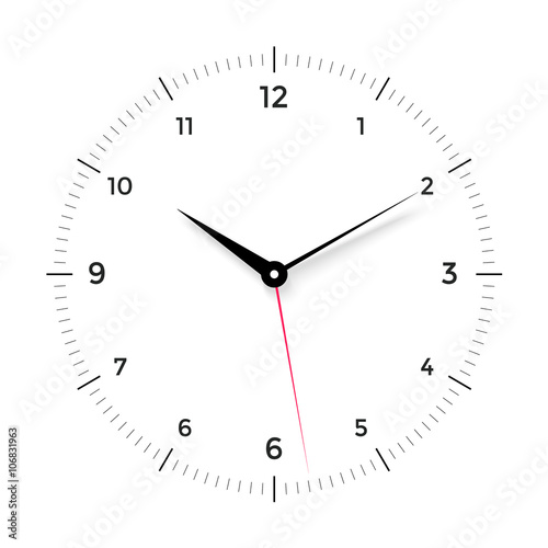 White clock face with black and red pointer on white background. Vector Illustration