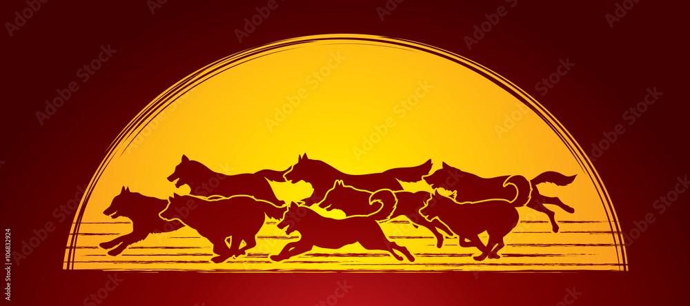 Dogs running designed on moonlight background graphic vector.