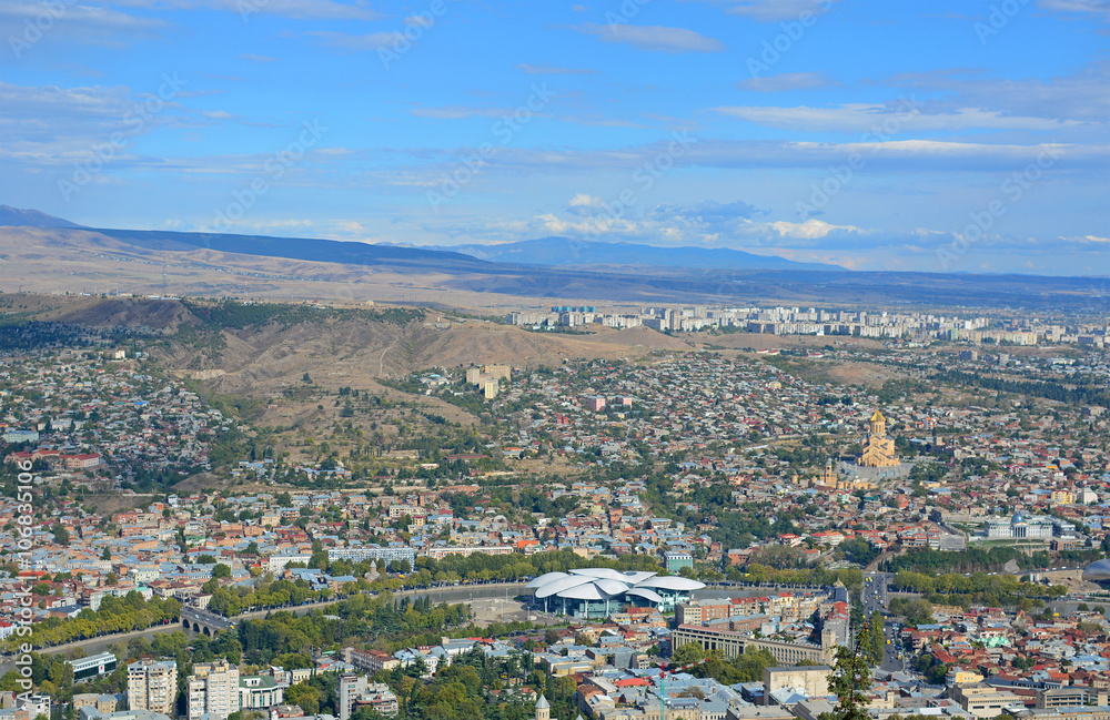 Panorama of Tbilisi, Georgia. Residential areas, the old churches and new creative buildings.