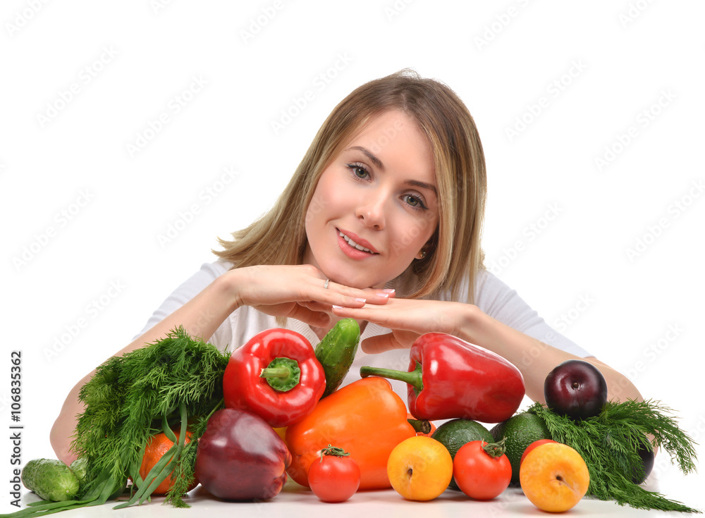 woman working at desk with fresh fruits and vegetables happy smi woman working at desk with fresh fruits and vegetables happy smi