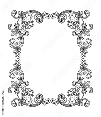 Vintage Baroque Victorian frame border monogram floral engraved scroll ornament leaf retro flower pattern decorative design tattoo black and white filigree calligraphic vector heraldic shield swirl