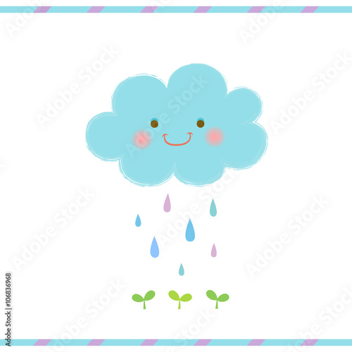 Cute smiling cloud and rain drops falling on the green sprout