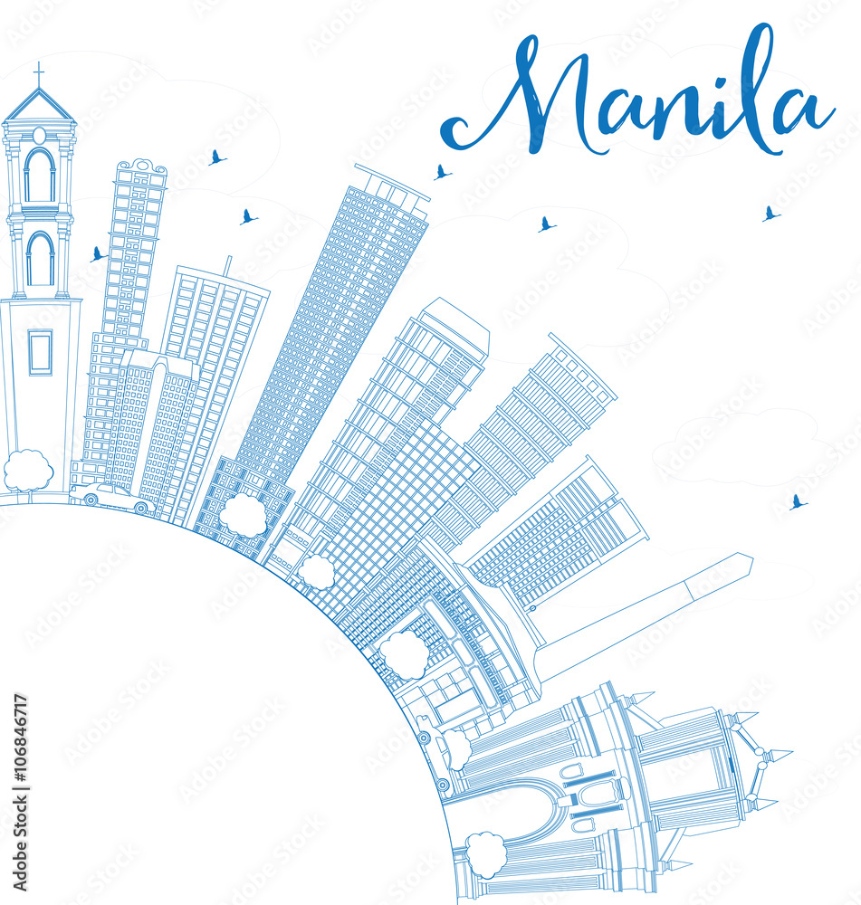 Outline Manila Skyline with Blue Buildings.