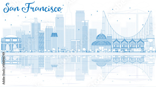 Outline San Francisco Skyline with Blue Buildings and Reflection