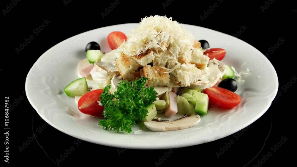 Salad with raw mushrooms, Parmesan cheese, roasted rusks and tomatoes, loop Salad with raw mushrooms, Parmesan cheese, roasted rusks and tomatoes, loop